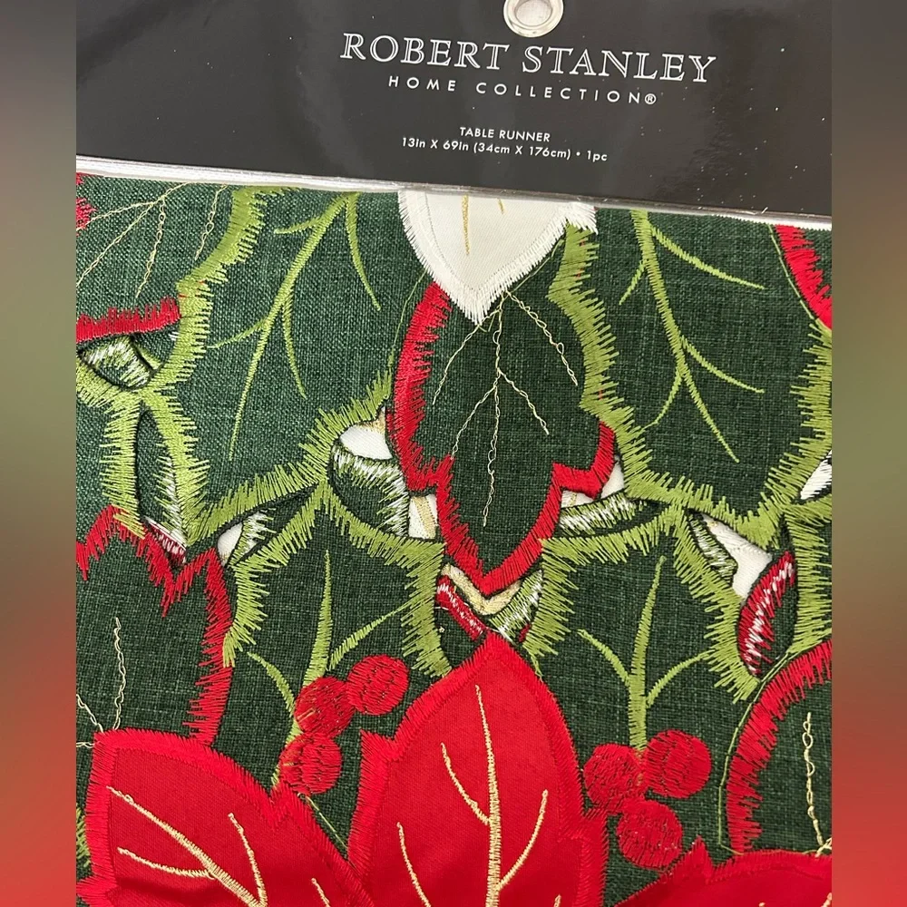 ROBERT STANLEY Christmas POINSETTIA Table Runner 13”X69” NEW